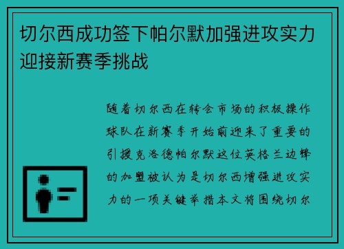 切尔西成功签下帕尔默加强进攻实力迎接新赛季挑战 切尔西成功签下帕尔默加强进攻实力迎接新赛季挑战